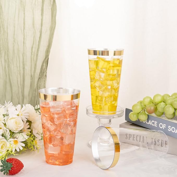 Cups, 16 oz Clear Plastic with Gold Rim, 100 Count