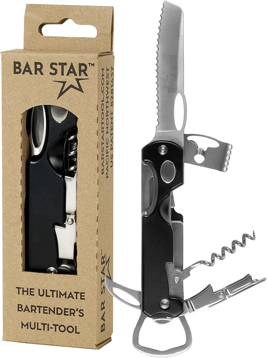 Bartender's All-in-One Bar Tool Set: Corkscrew, Zester, Citrus Knife and Bottle Opener Kit with Magnet for Picnics, Tailgating, BBQs, Camping, Travel, Beach Parties and Bartending, Black