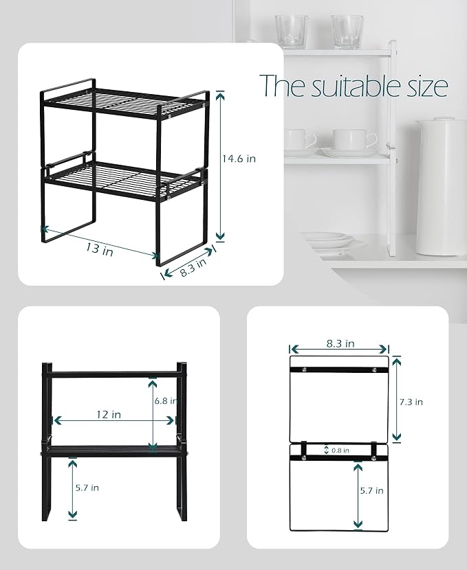 Stackable Kitchen Cabinet Shelf Organizer Rack, Set of 2, Black Steel