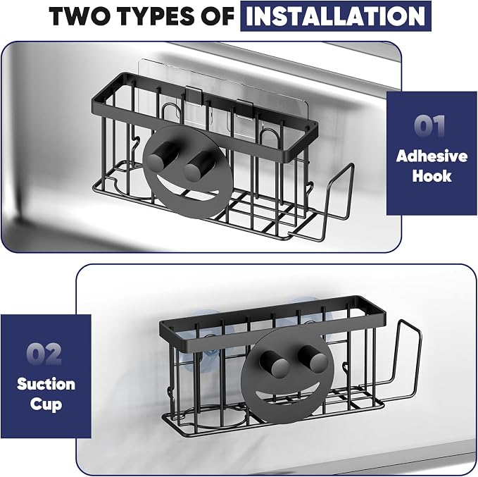 Stainless Steel Sink Caddy with 4 Compartments, Black Smiley Face