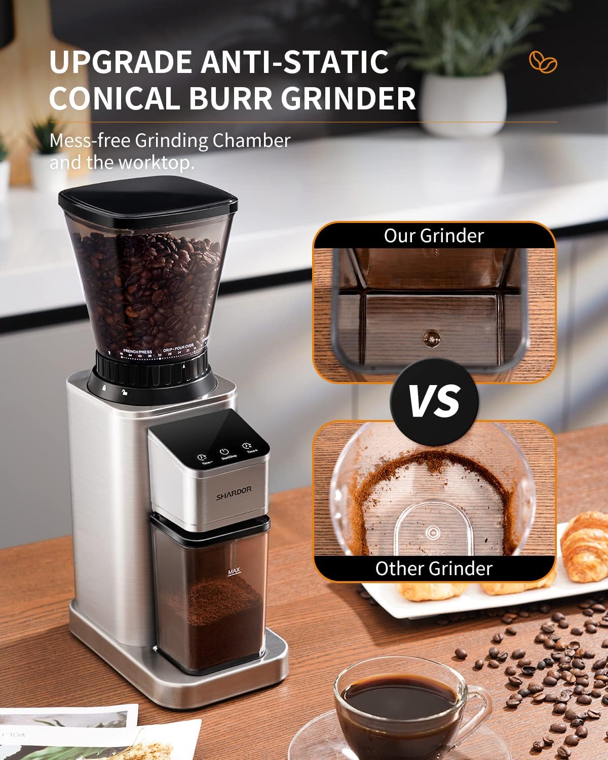 Conical Burr Coffee Bean Grinder, Anti-Static, 48 Settings, Silver – size reference