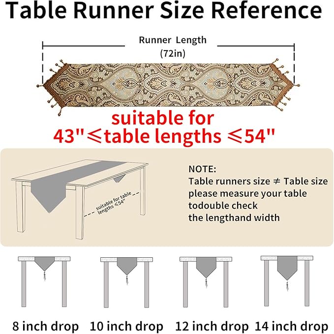 Table Runner 12x72 Inch, Coffee Floral Jacquard with Beaded Tassels