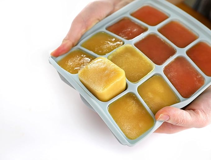 Baby Food Storage Silicone Cubes with Clip-On Lid Freezer Tray Baby Food Soups Purees Ice Safe Design Made in Korea (12cubes 1.5oz, Sand Beige Set OF2)