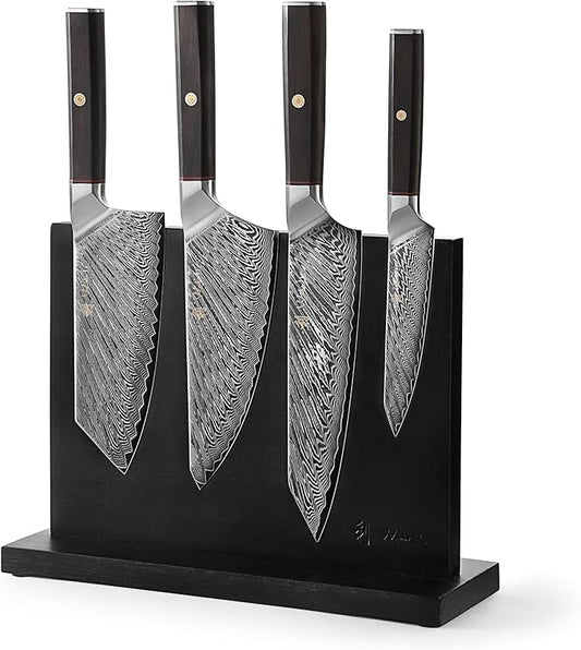 Wakoli Damascus Chef Knife Set with Magnetic Block – 4-Piece Professional Kitchen Knife Collection | Genuine 67-Layer Damascus Steel Blades | Ergonomic Dark Oak Wood Handles (Culinary Asia)