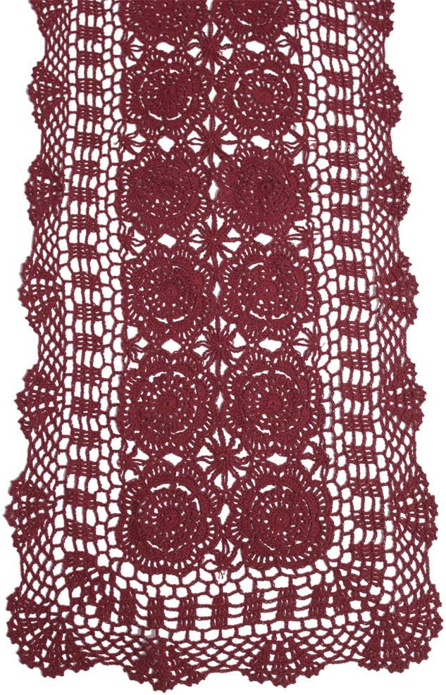 Table Runner Cotton Crochet Lace Wine Red 14x60 Inch Rectangle