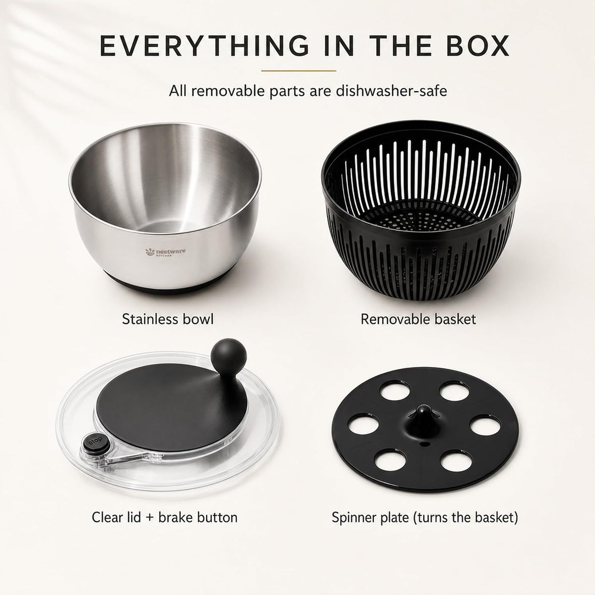 Large Stainless Steel Salad Spinner, 5.3 Qt, Black – size reference
