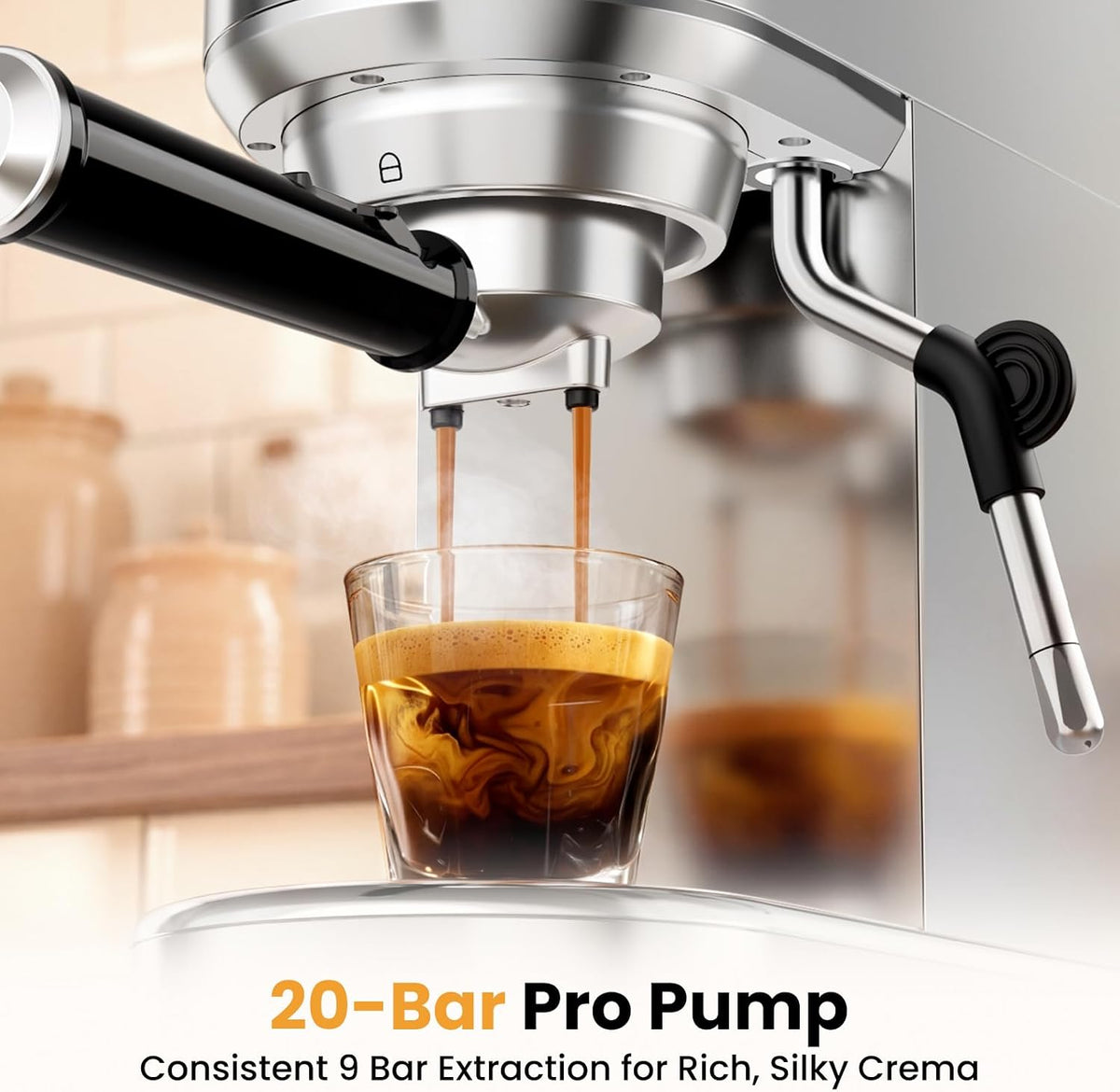 Espresso Machine 20 Bar, Compact Espresso Coffee Machine with Milk Frother – close-up