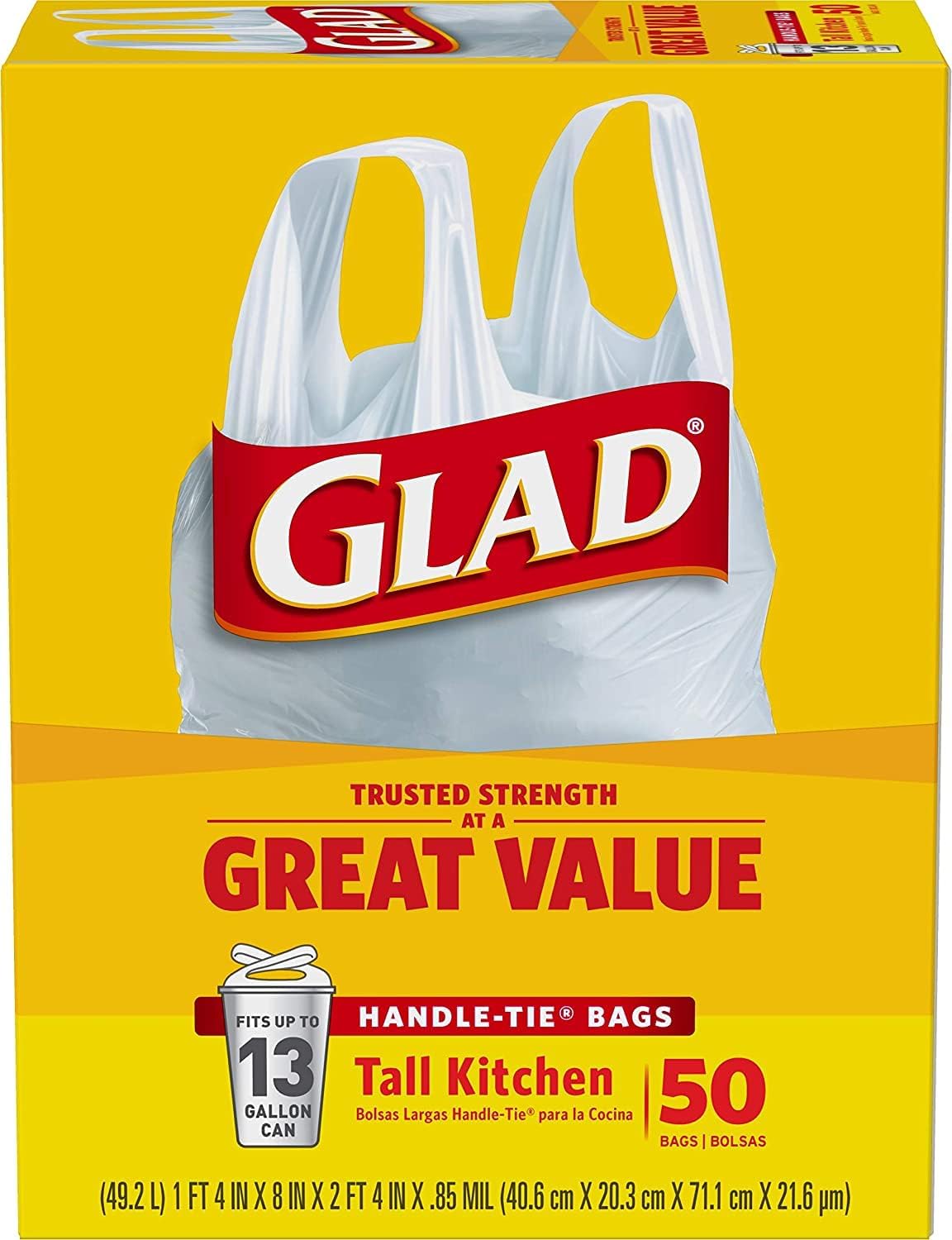 13 Gal. Tall Kitchen Handle-Tie Bags 50 ct (Pack of 4) – size reference