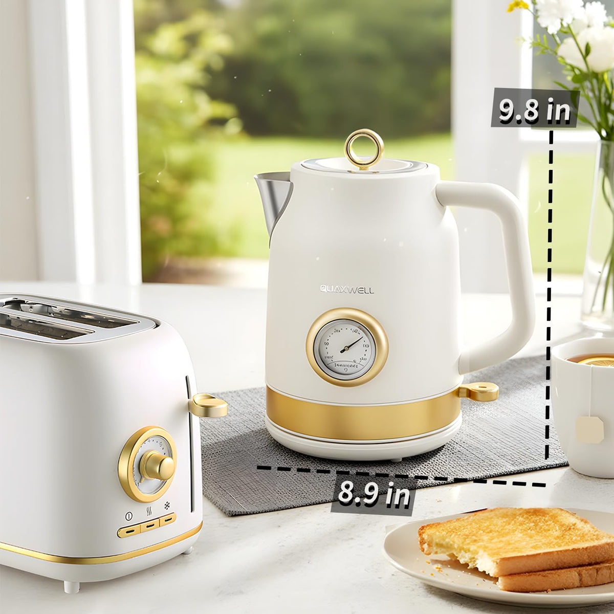 Retro Electric Tea Kettle, 1.7L, Matte White and Gold – size reference