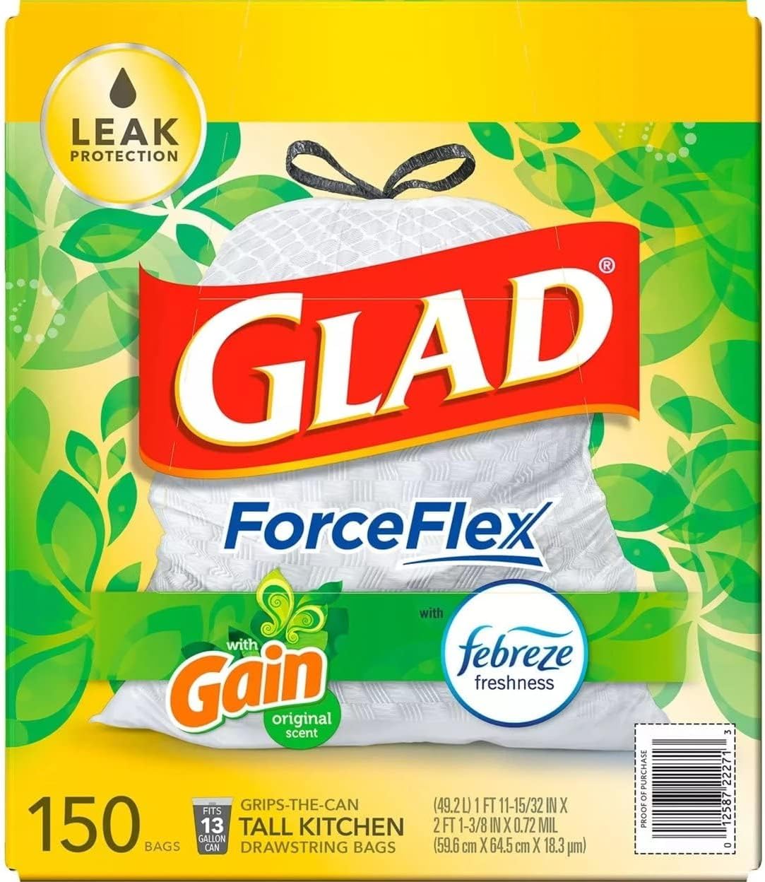 ForceFlex Tall Kitchen Drawstring White Trash Bags, Gain Original Scent