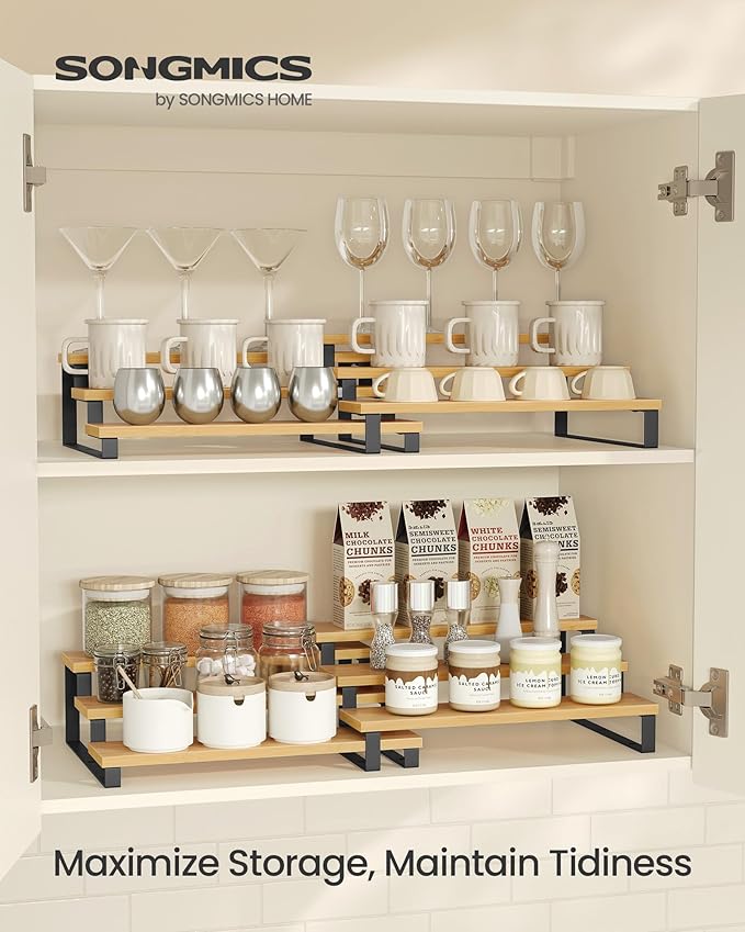 Spice Racks, 2-Piece Set, Beige and Black Engineered Wood Tiered Organizer