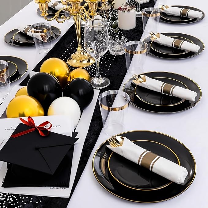 Plates: 9-Inch and 6.3-Inch Black Disposable Plastic Plates with Gold Rim