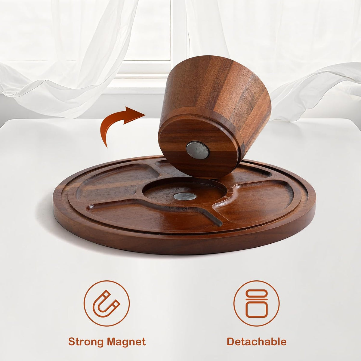 Acacia Wood Cake Stand with Glass Lid–12" Magnetic Base for Parties&Kitchen – close-up