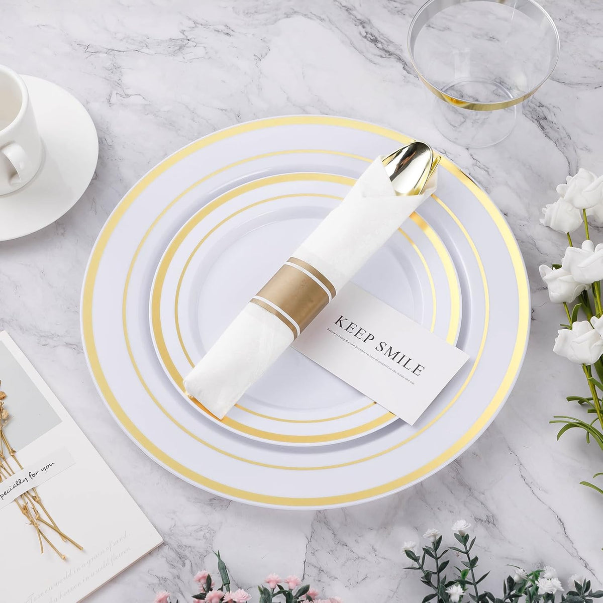 350 Piece Gold Plastic Dinnerware Set for 50 Guests – size reference
