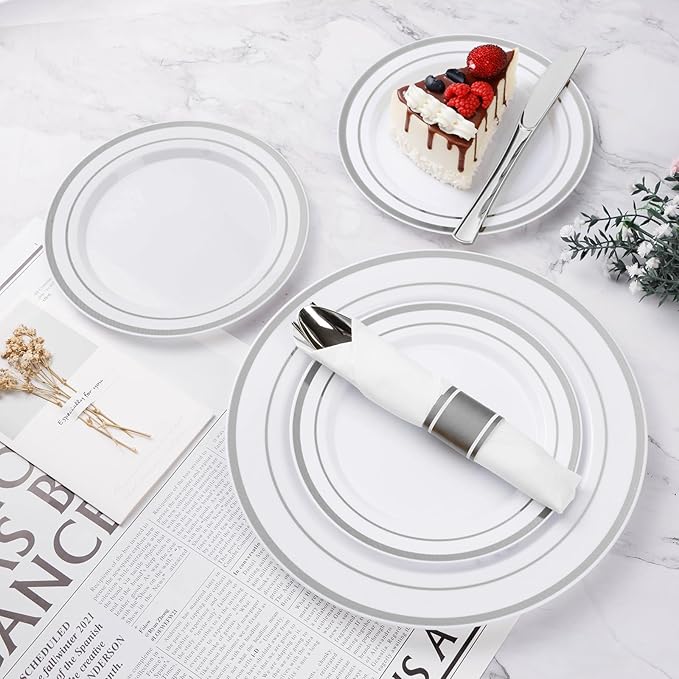 Plates Set with Silver Rim, White Plastic, 10.25-Inch Dinner Plates