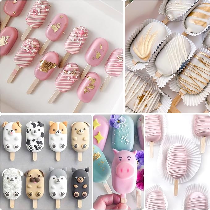 Sakolla 3 Pack Large Popsicle Molds 4 Cavities Cake Pop Silicone Molds Oval Ice Cream Cakesicle Molds for Homemade Ice Pop with 100 Wooden Sticks