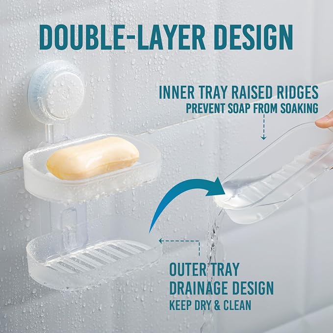 Soap Dish Holder, Clear Double-Tier Suction Mount, 3.3 x 5.5 Inch, Drill-Free