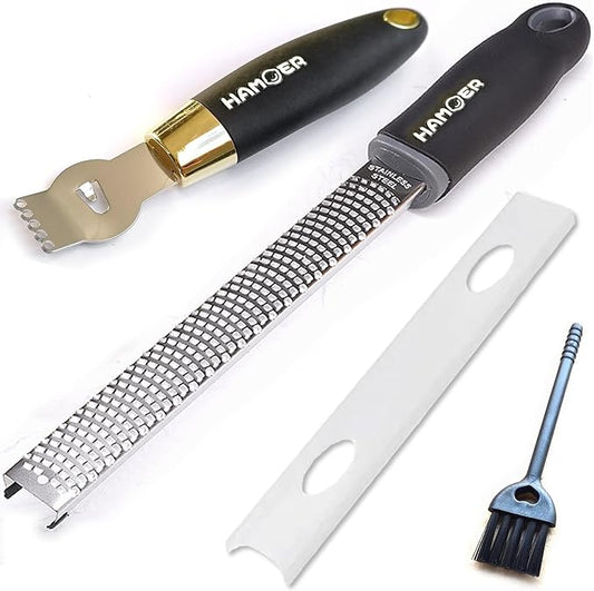 Zester Grater & Channel Knife Kitchen Bar Tool Set for Parmesan Cheese Lemon Garlic Nutmeg Chocolate Citrus Cucumber Radish Ginger Crushed Scraping Rubber Ergonomic Curved Handle Black