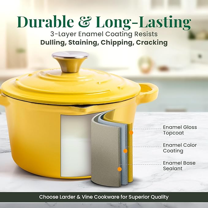 Larder & Vine Enameled Cast Iron Saucepan | 2.2 qt Sauce Pan with Lid | Saucepan with Pour Spouts | Enameled Cast Iron Pot Compatible on All Cooktops & Oven Safe to 500° F | Limoncello