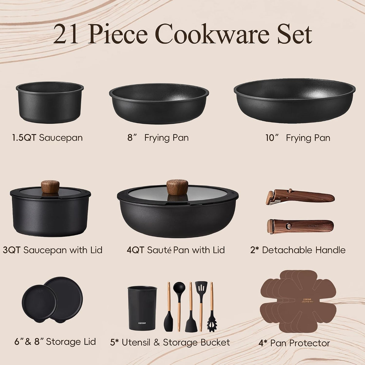 21pcs Pots and Pans Set Non Stick, Detachable Handle Cookware, Black – detail