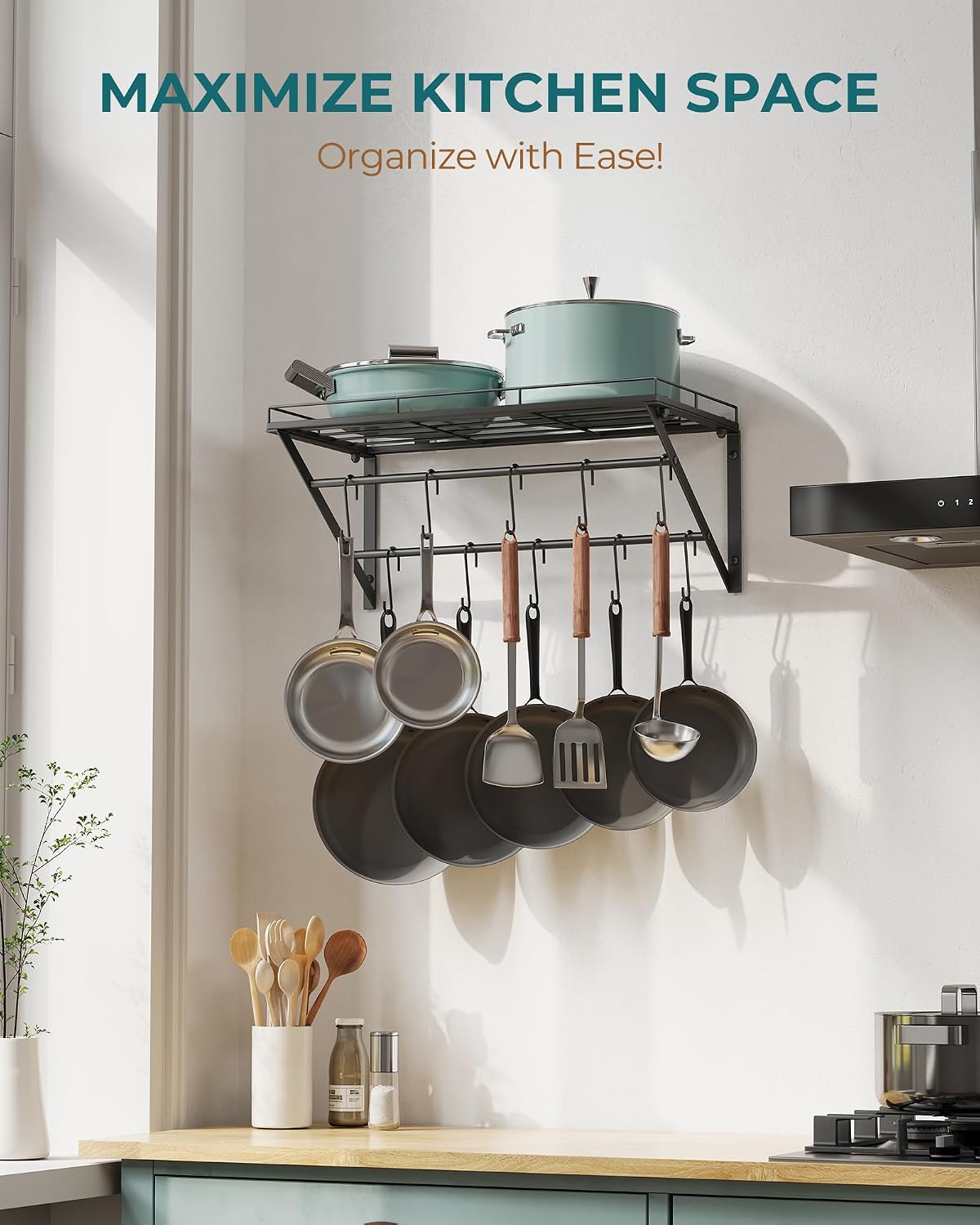 23" Pot Rack Wall Mounted, Pot Organizer with 2 Tier Hanging Rails – detail