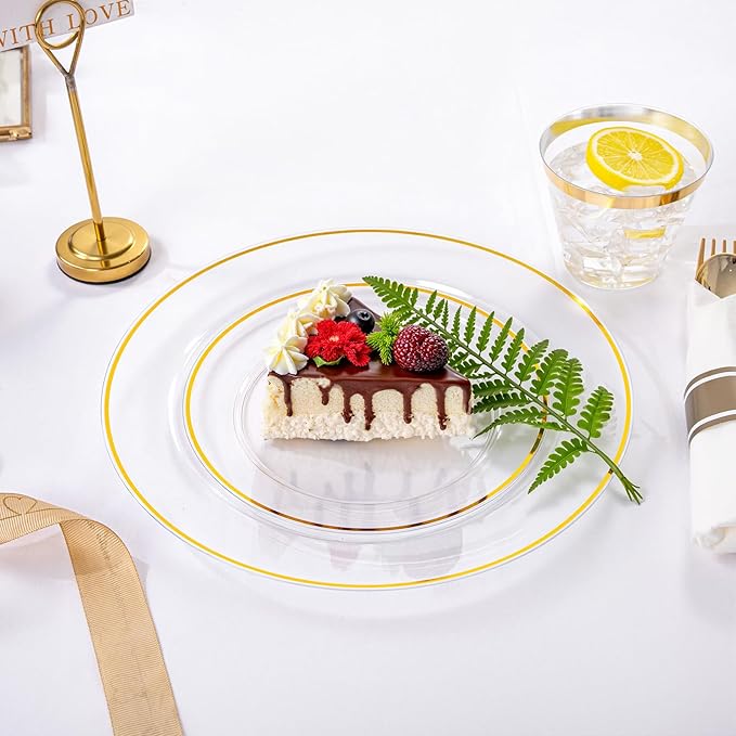 Plates Set, Gold Rim and Clear Plastic, 175 Pieces for 25 Guests