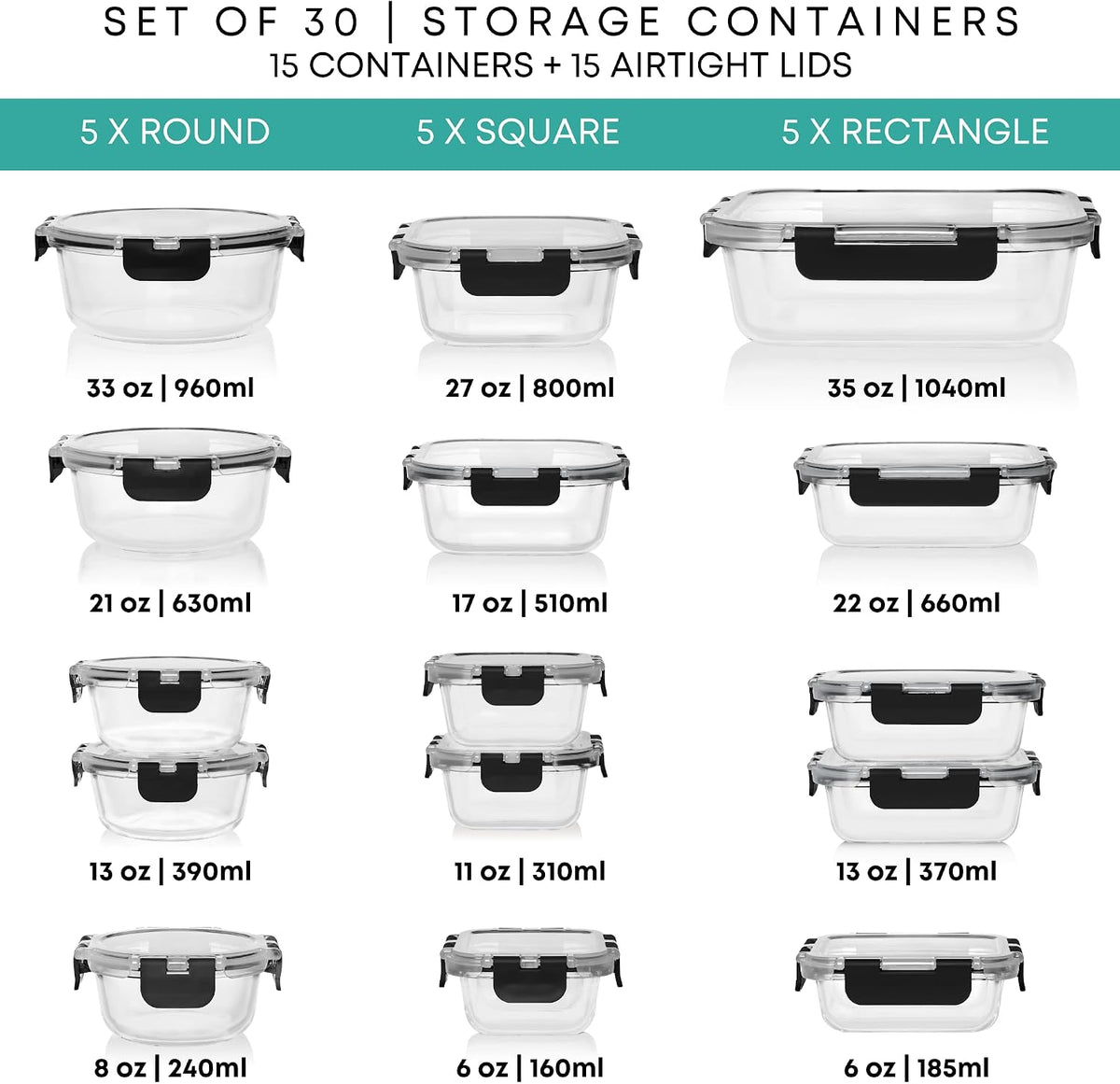 30 PC Glass Food Storage Containers with Lids - Reusable Glass Meal Prep – detail