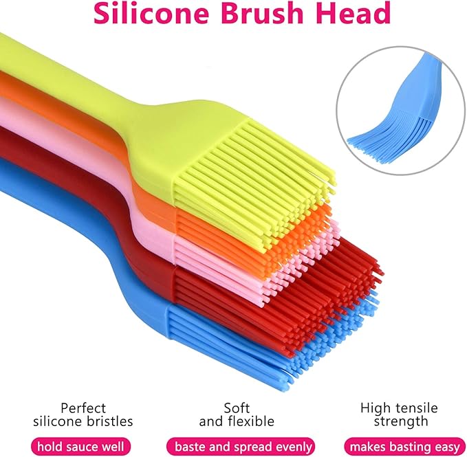 Silicone Basting Pastry Brush Set 5 Pack Heat Resistant Spread Oil Butter Sauce for BBQ Grill Barbeque Kitchen Baking Cooking Pastries, 2 Large & 3 Small Multicolor