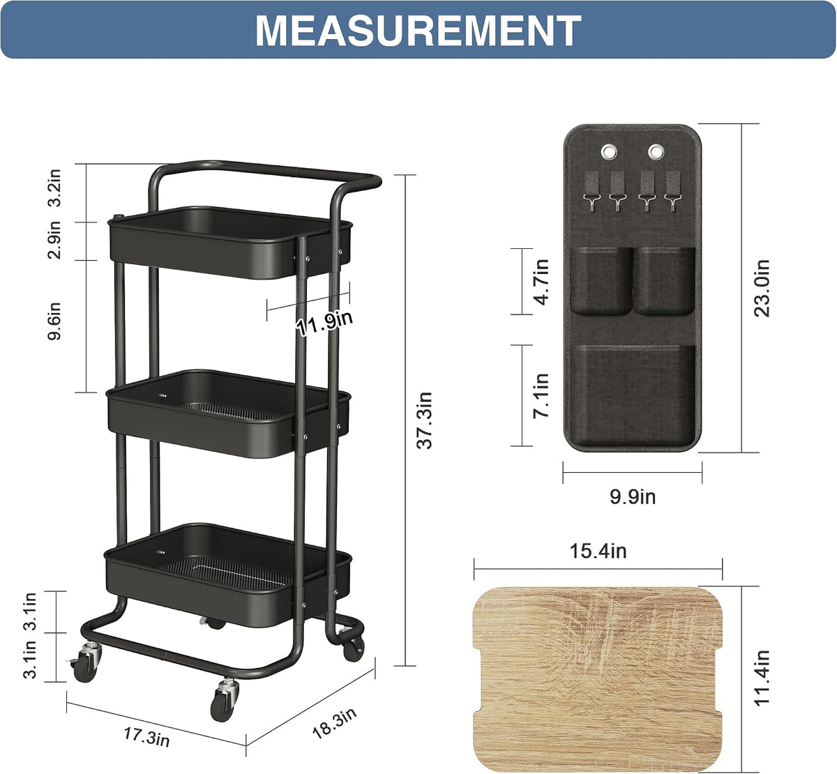 3 Tier Metal Utility Rolling Cart with Table Top and Side Bags, Tray Storage – size reference