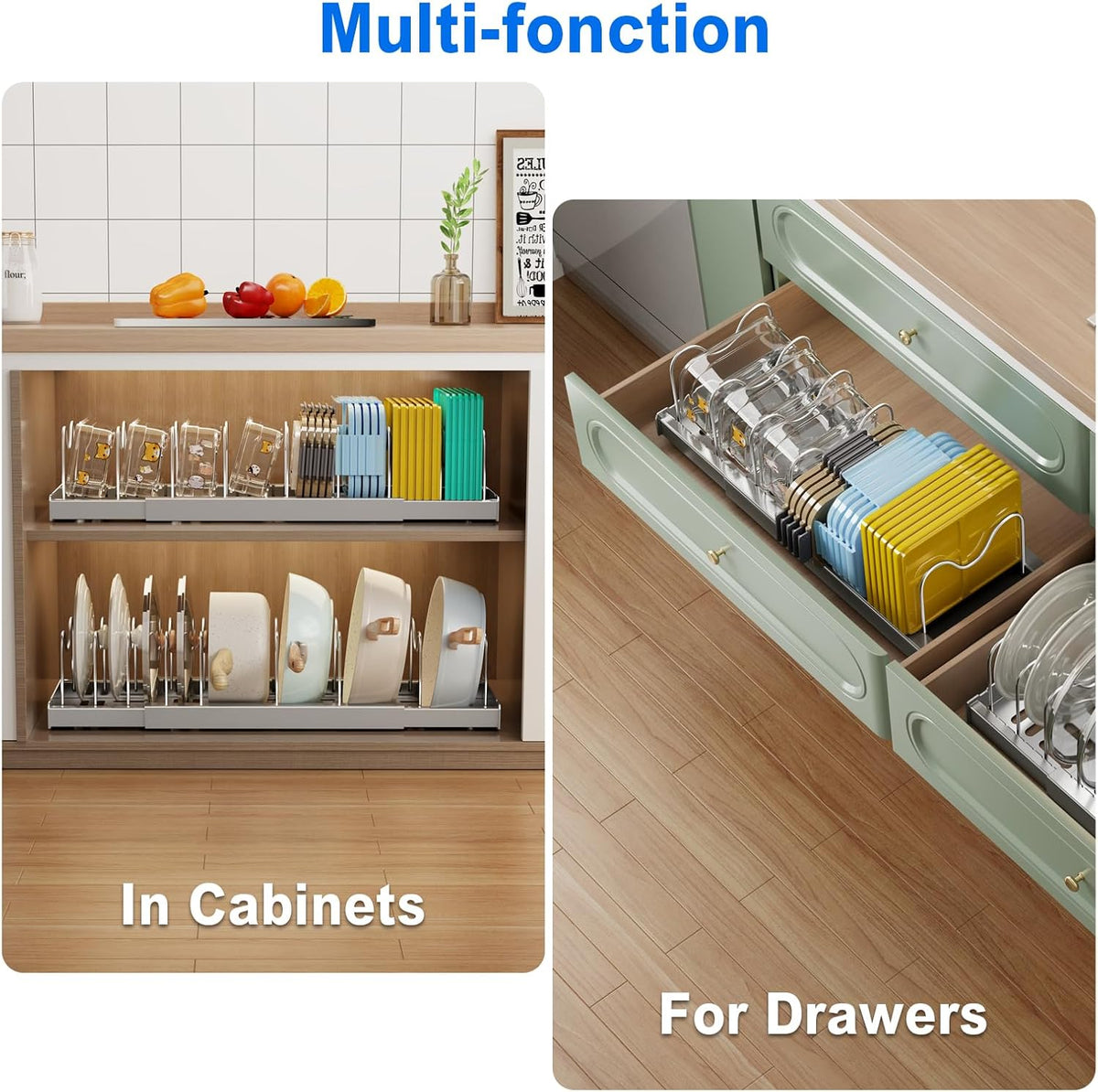 2 Pack Pots and Pans Organizer Under Cabinet, 22" Expandable Food Storage – close-up