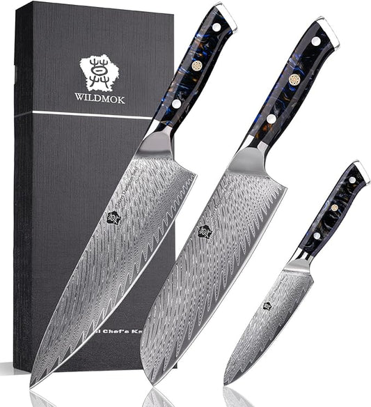 WILDMOK Damascus Kitchen Knife Sets 3 PCS, Japanese Kitchen Knife Set Damascus Steel Core, Ultra-Sharp Professional Chef Knife Set and Full Handle, Gift Box