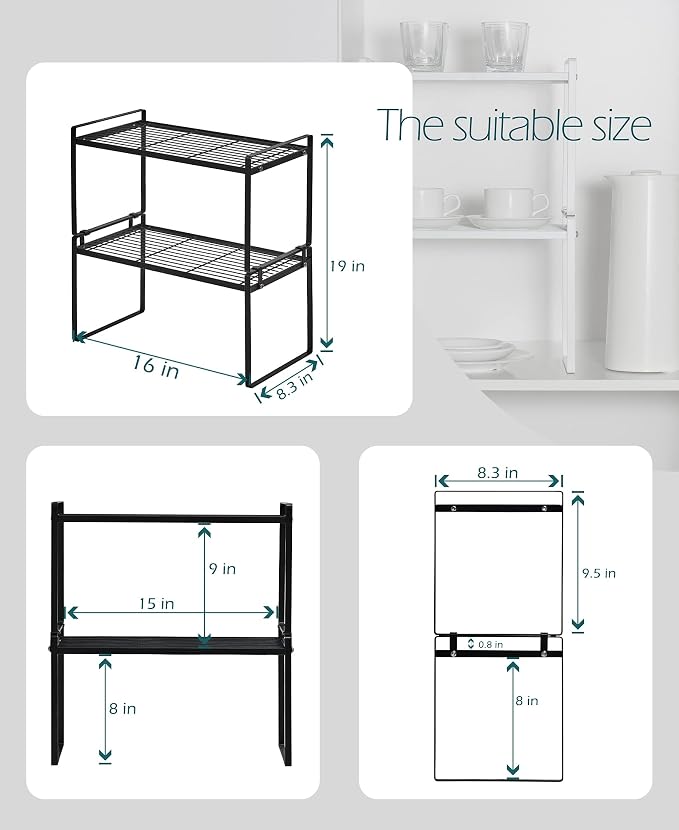 Stackable Steel Cabinet Shelf Organizer 2-Pack, 16 in Black