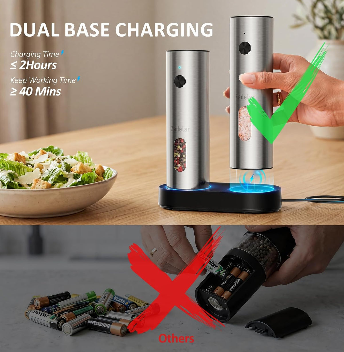 Rechargeable Electric Salt and Pepper Grinder Set with USB-C Charging Base – alternate view