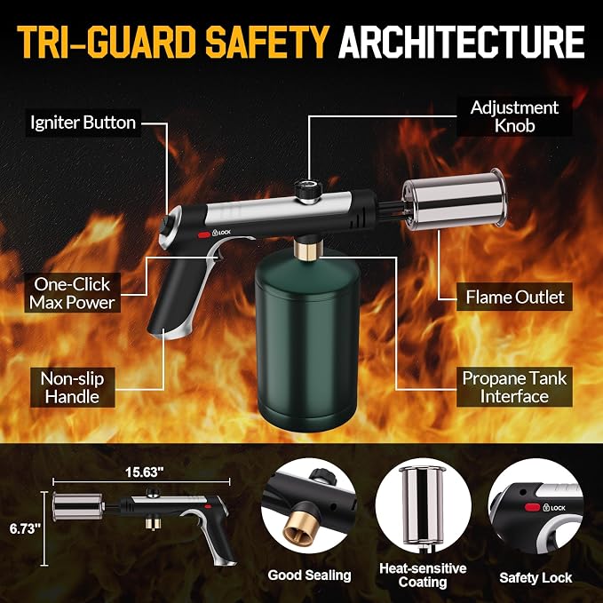 Cooking Torch with Safety Lock, One-Click Max Fire, Silver
