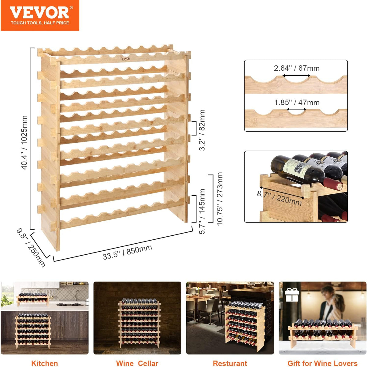 Wine Rack 72 Bottles 8-Tier Stackable Bamboo Freestanding Natural – set view