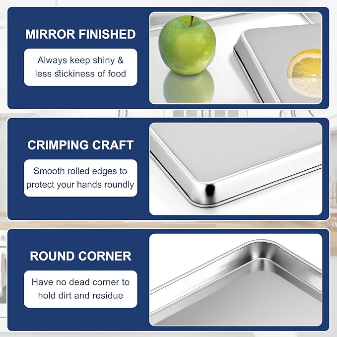 P&P CHEF 9 Inch Baking Cookie Sheet, Oven Pan Tray Stainless Steel Sheet Pan for Kitchen, Oven Bakeware for Multi Uses, Shiny Look & Dishwasher Safe, Healthy & Heavy Duty, 2Pcs