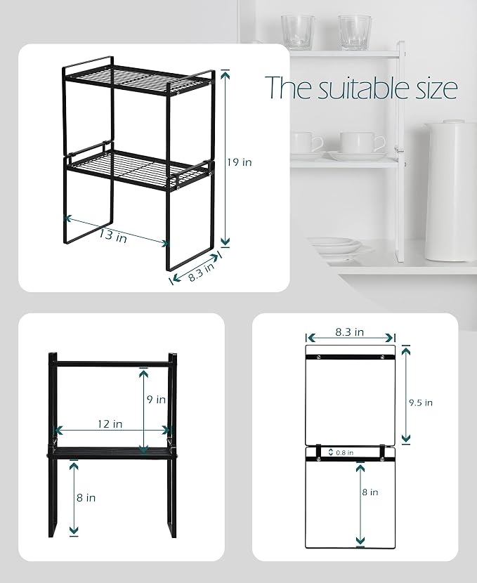 Kitchen Cabinet Shelf Organizer 2-Pack, Stackable Steel Rack, Black