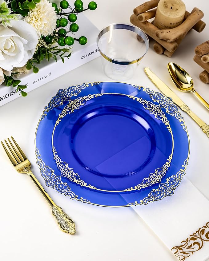 Clear Blue Plastic Plates Set, 350 Pieces for 50 Guests