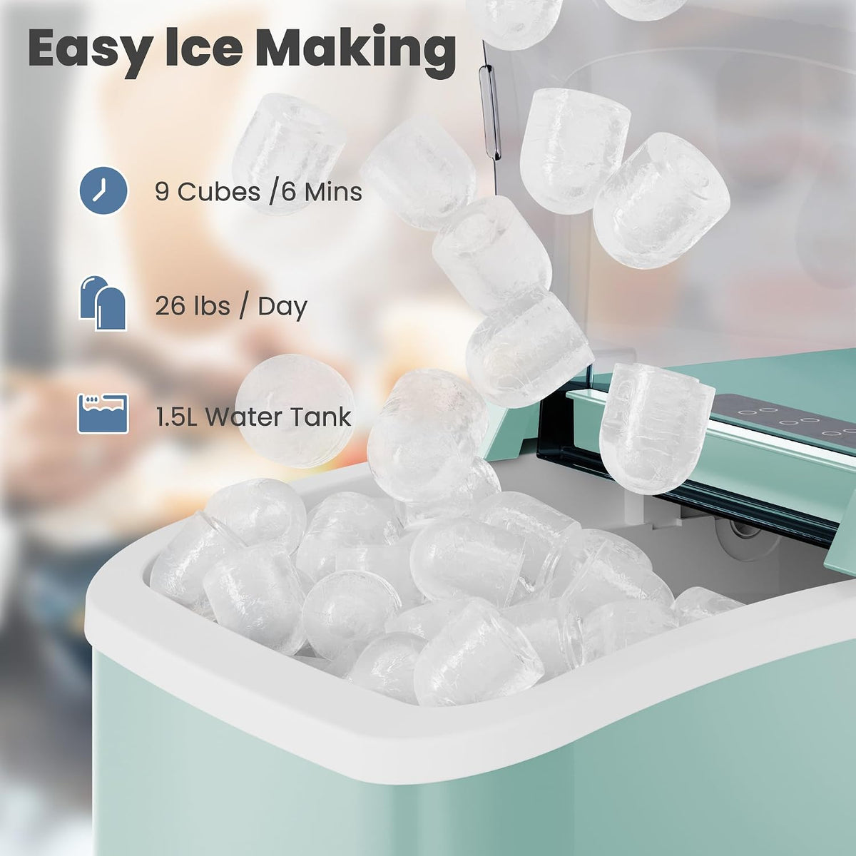 Countertop Ice Maker with Handle, 26lbs/24H, Makes 9 Bullet Cubes in 6 Mins – close-up