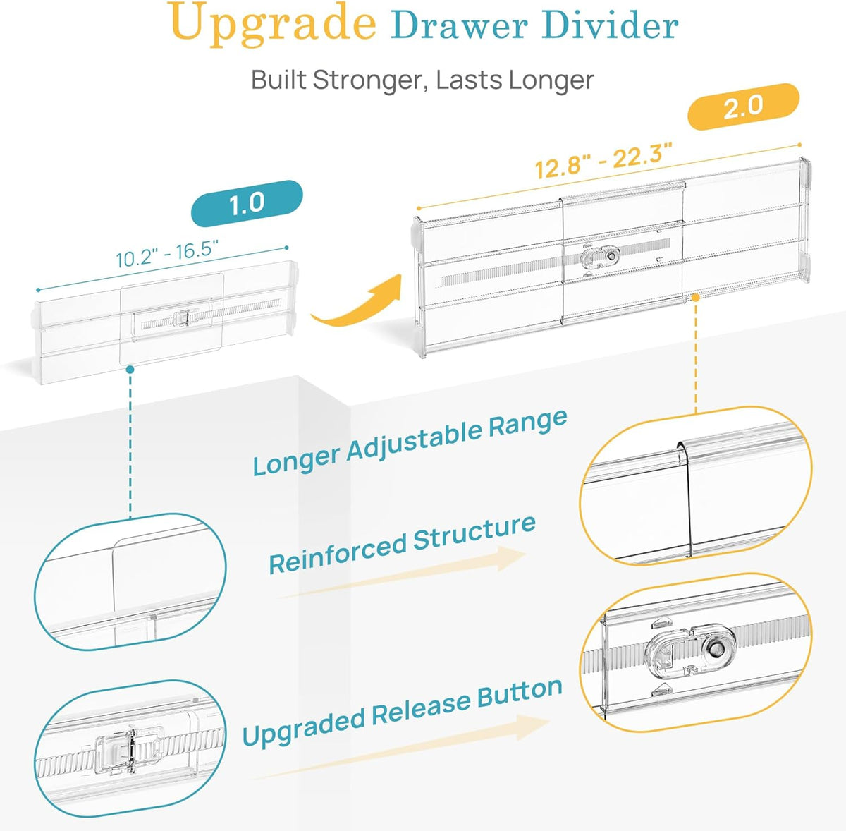 6" Tall Upgrade Drawer Dividers, 12.8"-22.3" Expandable, 8 Pack – another angle