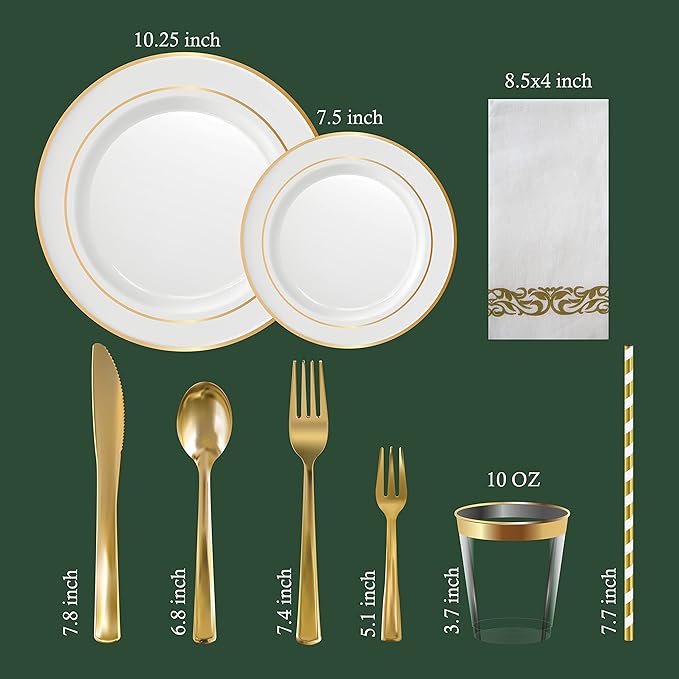 Plates Set, Gold Rim Plastic, 225 Pieces for 25 Guests
