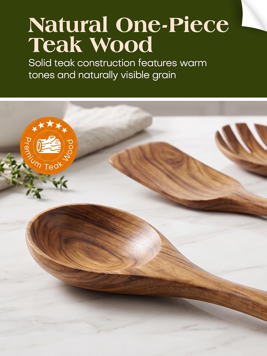 11‑Piece Natural Teak Wood Kitchen Utensil Set with Holder, Non‑Toxic Cooking – size reference