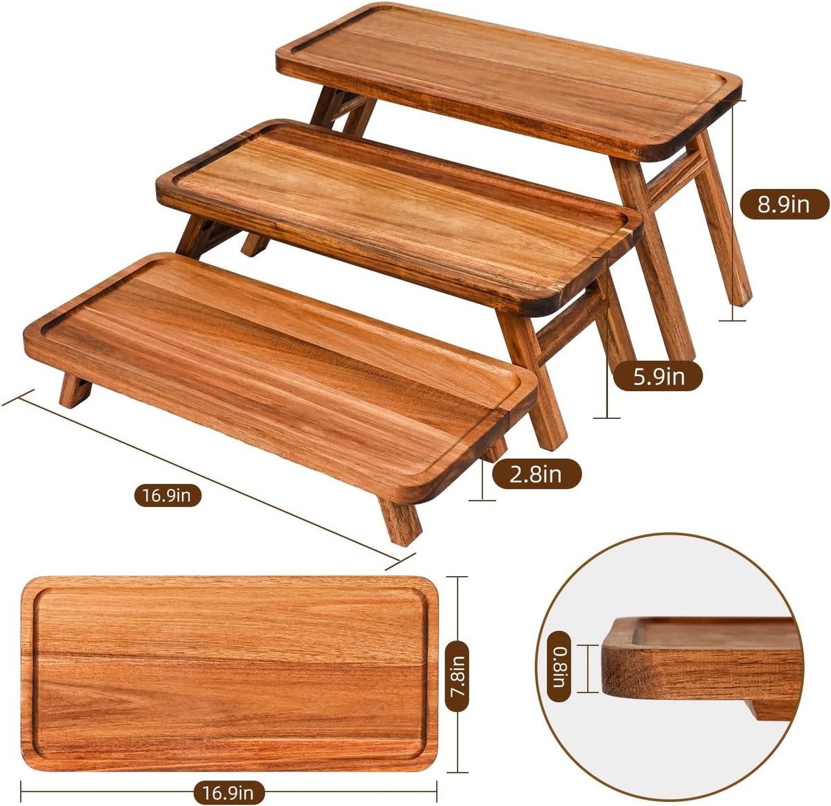 3 Tier Serving Tray Acacia Wooden Tiered Tray Stand Foldable Dessert Table – detail