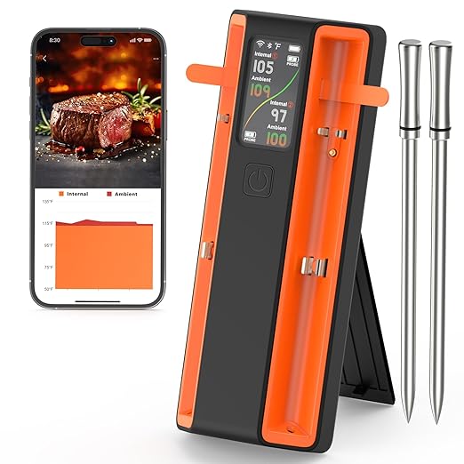 Smart Bluetooth Wireless Meat Thermometer - WiFi Unlimited Range, 6 Sensors with NIST Certified Accuracy, Standalone Base, 2 Probes for Kitchen, BBQ, Grill, Oven, Smoker, Rotisserie