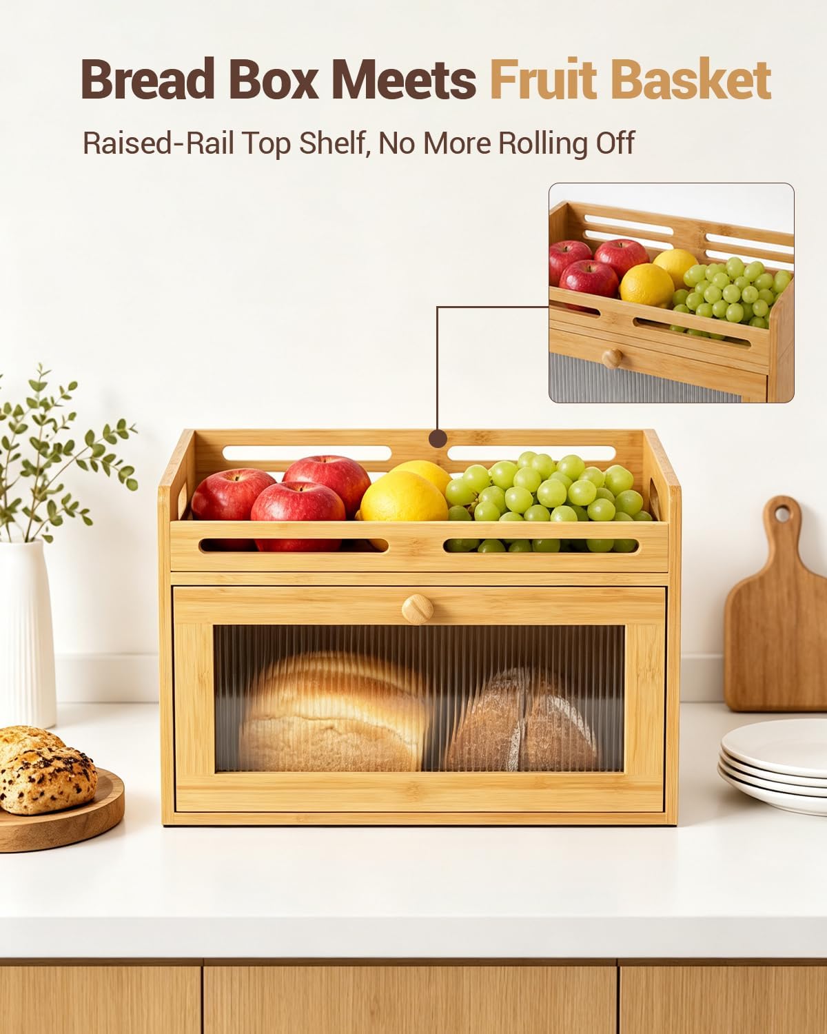 Bread Box for Kitchen Countertop, Bamboo Storage Container with Top Shelf – alternate view