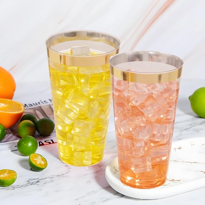Cups, 16 oz Clear Plastic with Gold Rim, 100 Count