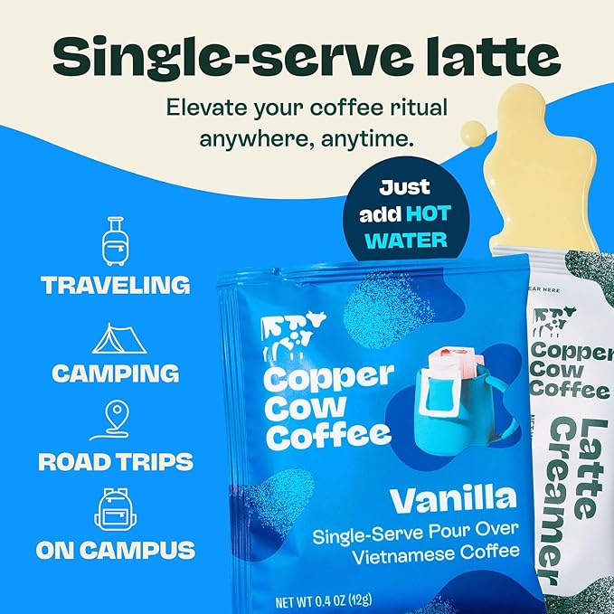 Copper Cow Coffee Pour Over Vietnamese Ground Coffee Pouches + Sweetened Condensed Milk Creamers (8 Coffees & 8 Milk Creamers) | Vanilla Lattes, No Refrigeration Needed, Travel Friendly