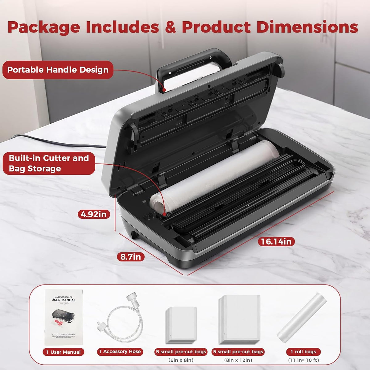 Vacuum Sealer Machine, 230W 95KPa Food Sealer Built-in Cutter & Bag Storage – features