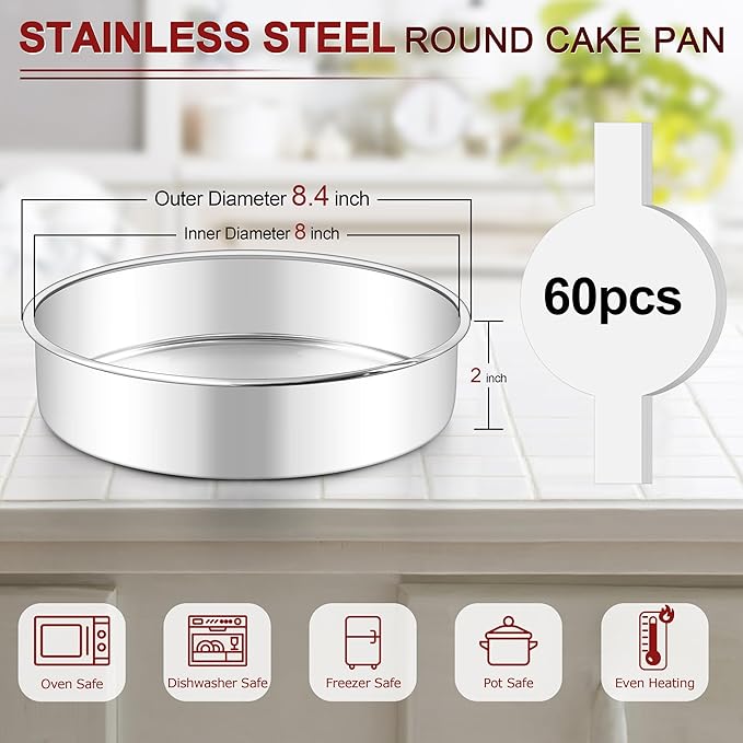 LIANYU 8 Inch Round Cake Pan Set of 2, Stainless Steel Baking Pans with 60 PCS Parchment Paper, Metal Circle Layer Cake Tins for Birthday Christmas Party, Oven & Dishwasher Safe