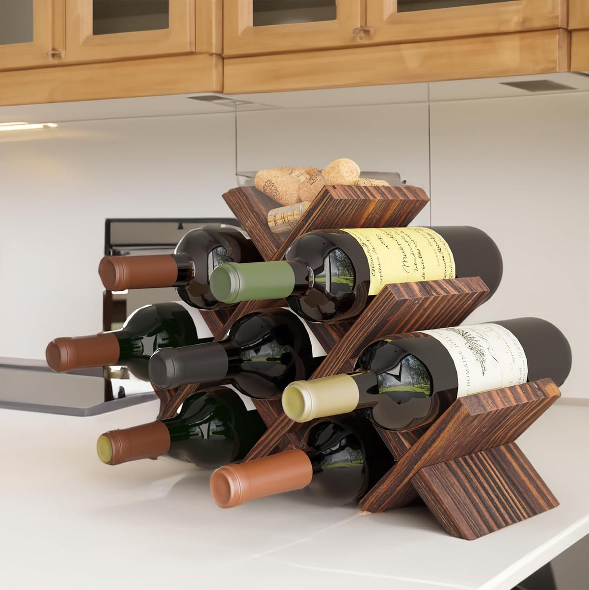 Alella Countertop Wood Wine Rack for 8 Bottles Holder and Cork Storage Tabletop – features